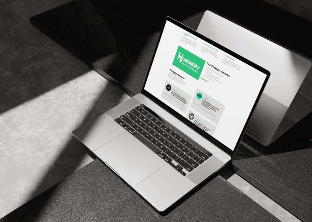 Mockup van Awesum's HUNGGGRY product op de homepage